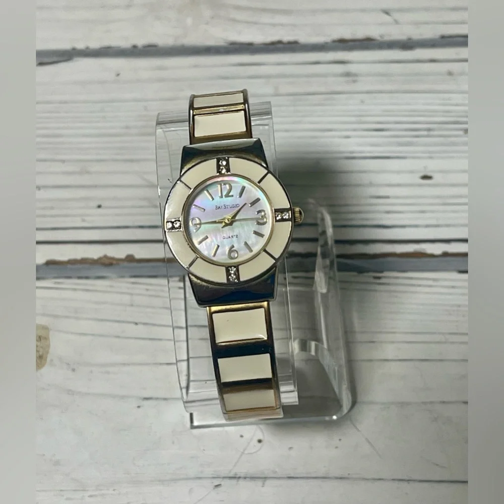 NEW BATTERY Vintage 90s Bangle Watch Bay Studio Cream Gold Ivory Mother Of Pearl